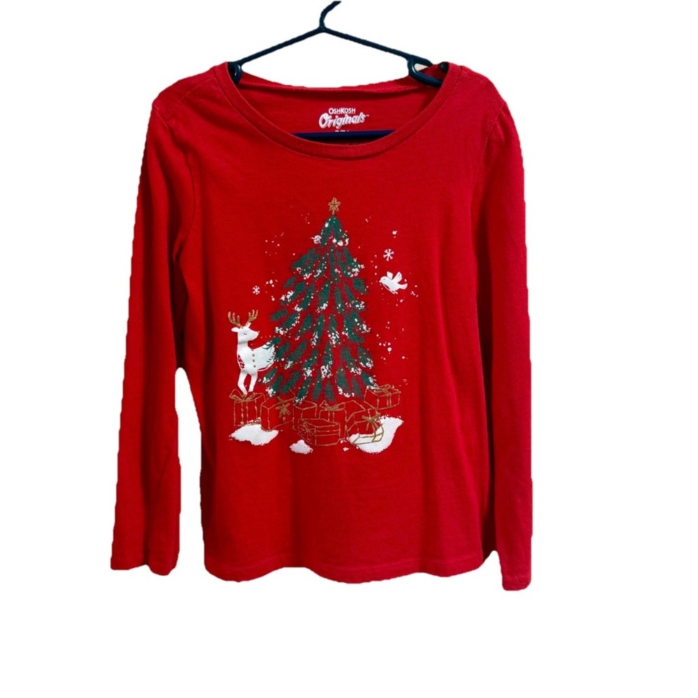 OshKosh B'gosh Festive Red Long Sleeve Tee Girls Sz 7 Christmas tree reindeer